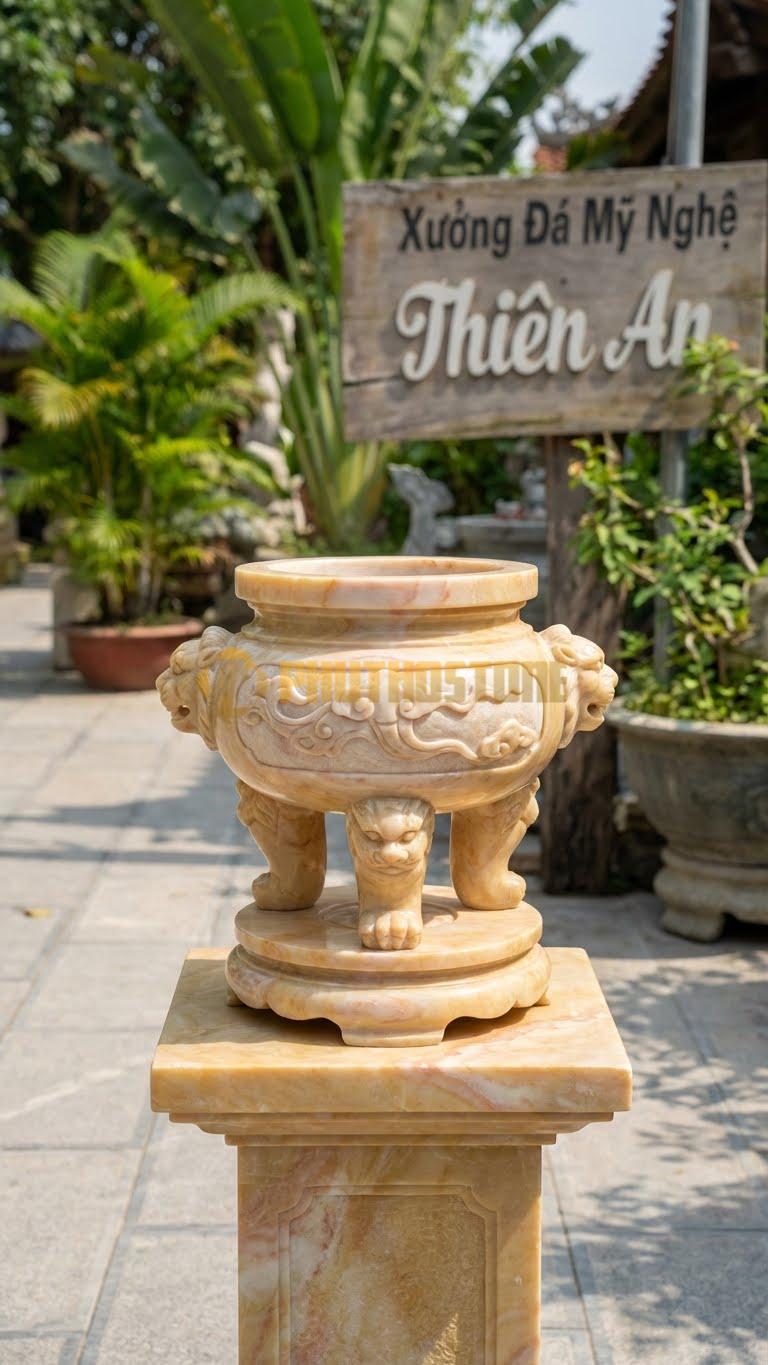 Lư Hương Họa Tiết Mây Tản Đá Vàng Nghệ An: Mây Vờn Nhẹ Nhàng Thanh Thoát 32 Cm