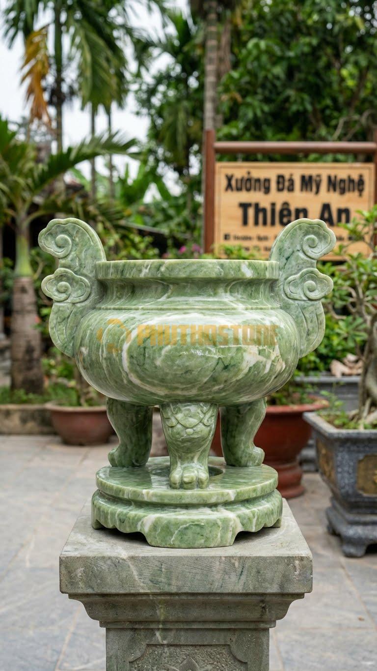 Lư Hương Họa Tiết Mây Tản Đá Xanh Ấn: Mây Vờn Nhẹ Nhàng Thanh Thoát 32 Cm