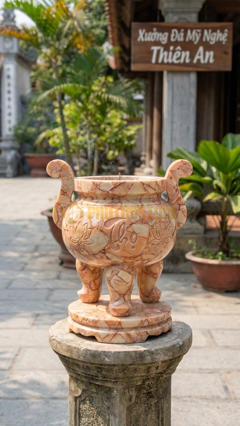 Lư Hương Mộ Nhỏ Đá Hồng: Chạm Chữ Thọ Hoặc Hoa Sen Đơn Giản 18 Cm