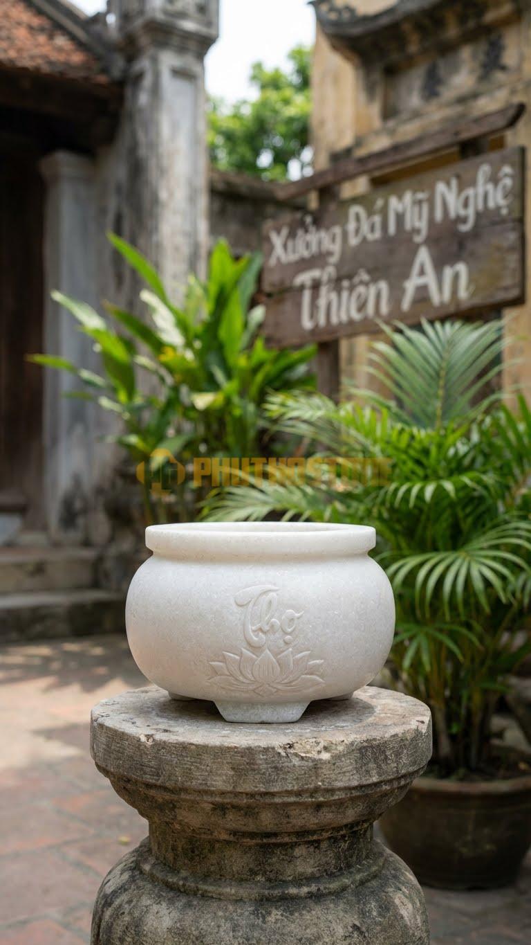 Lư Hương Mộ Nhỏ Đá Trắng Muối: Chạm Chữ Thọ Hoặc Hoa Sen Đơn Giản 18 Cm