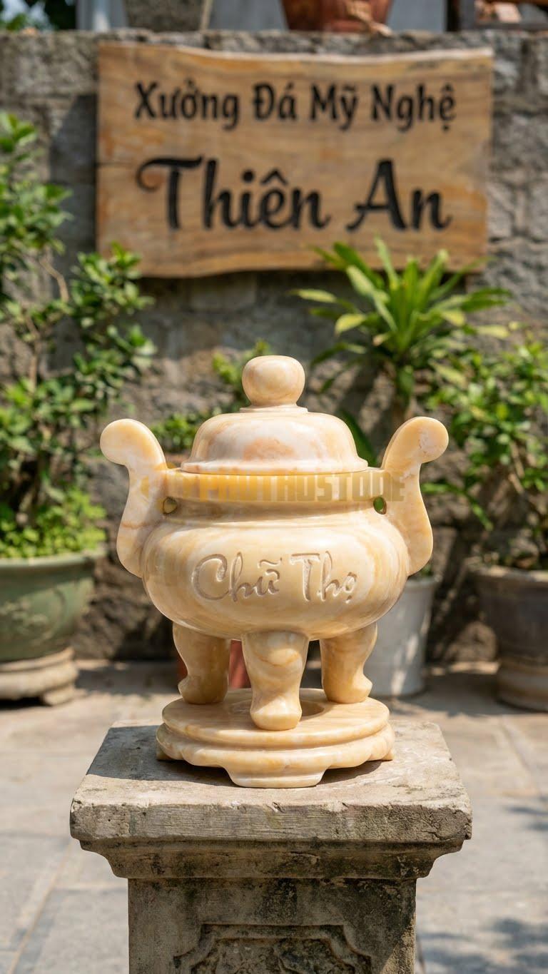 Lư Hương Mộ Nhỏ Đá Vàng Nghệ An: Chạm Chữ Thọ Hoặc Hoa Sen Đơn Giản 18 Cm