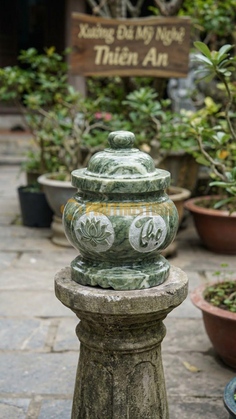Lư Hương Mộ Nhỏ Đá Xanh Ấn: Chạm Chữ Thọ Hoặc Hoa Sen Đơn Giản 18 Cm