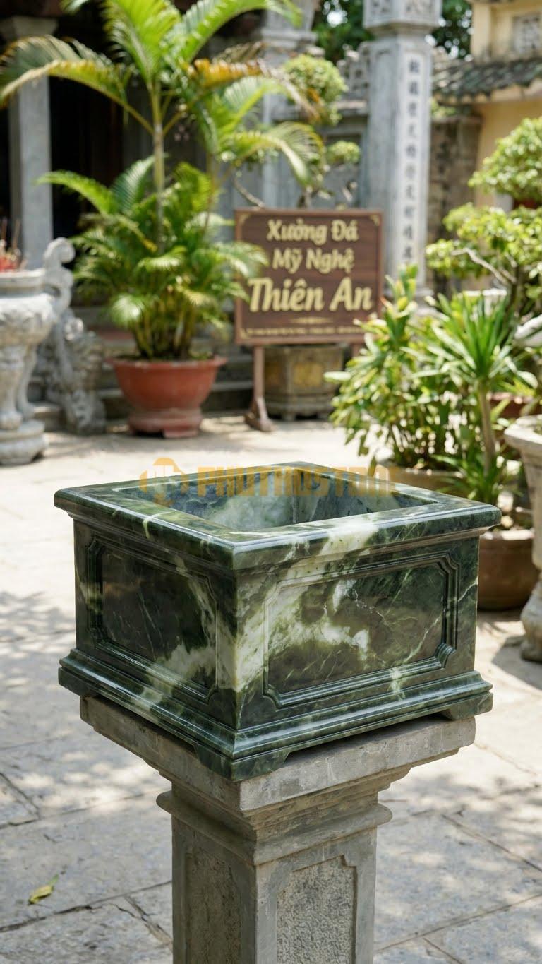 Lư Hương Vuông Kiểu Pháp Đá Serpentine: Góc Cạnh, Phào Chỉ Đơn Giản Theo Kiến Trúc Âu 50 X 50 Cm