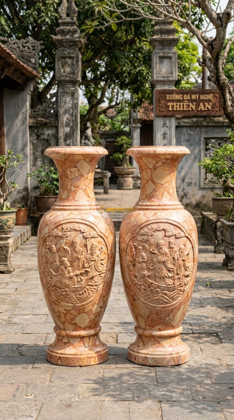 Lục Bình Bát Tiên Đá Hồng Chạm hình ảnh 8 vị tiên (Bát tiên quá hải), Kích thước Cao 1m7 x đường kính 45cm