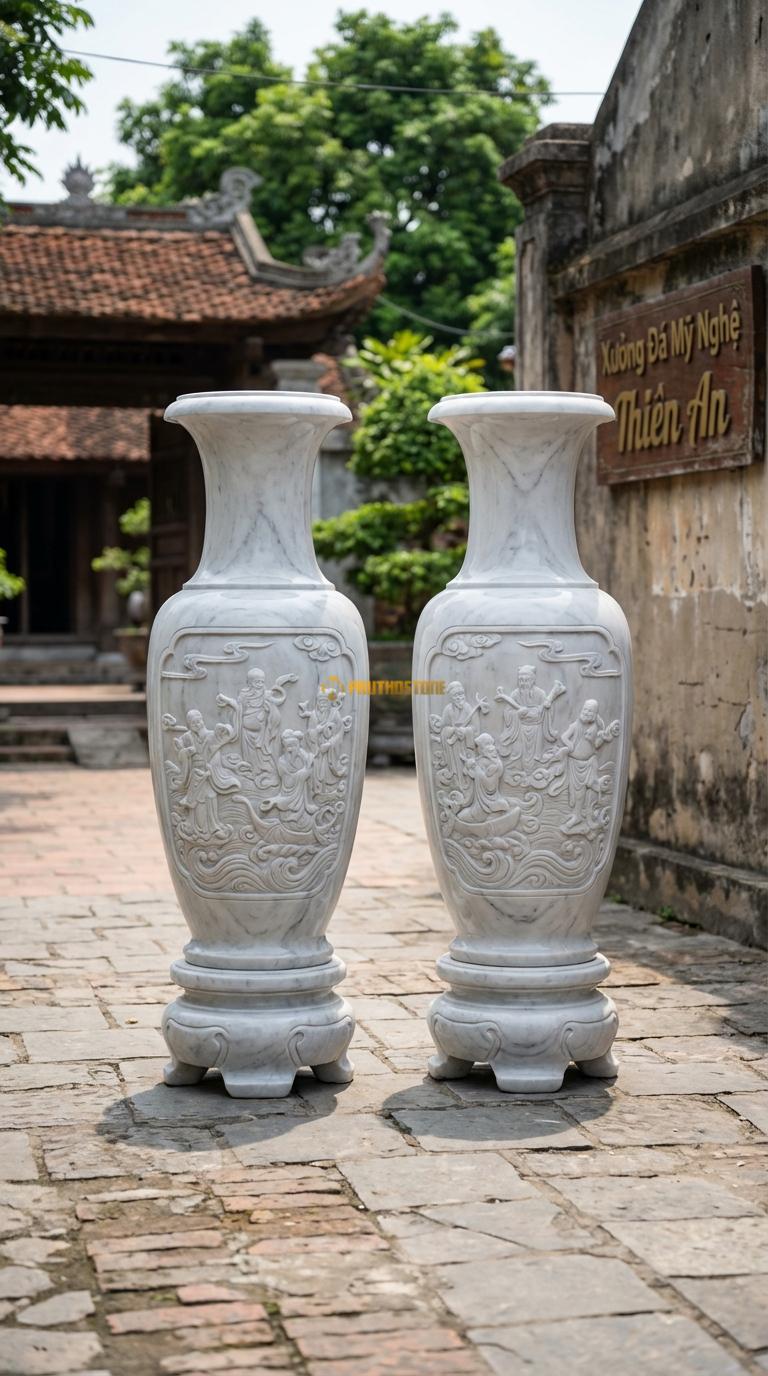 Lục Bình Bát Tiên Đá Trắng Yên Bái Chạm hình ảnh 8 vị tiên (Bát tiên quá hải), Kích thước Cao 1m7 x đường kính 45cm