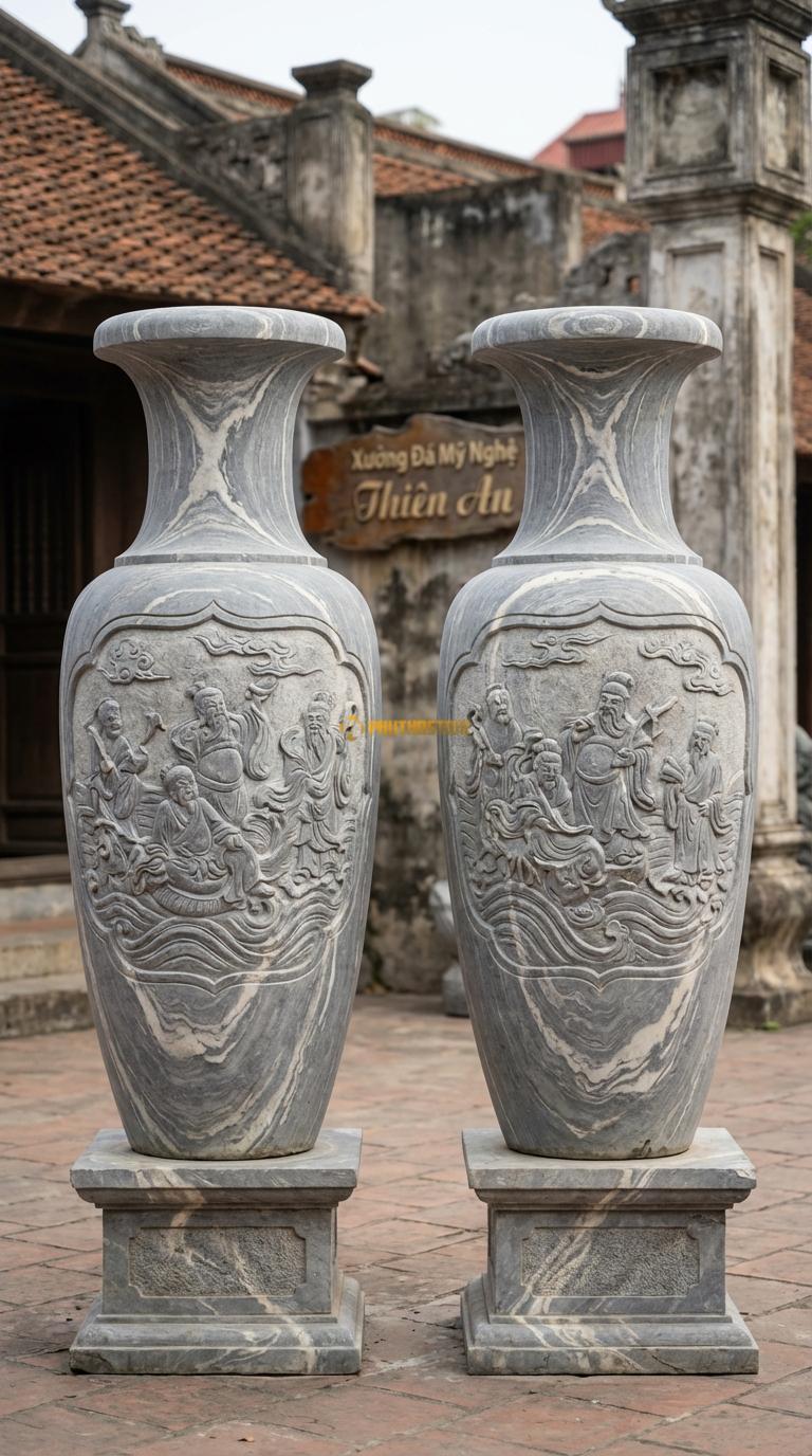 Lục Bình Bát Tiên Đá Vân Mây Chạm hình ảnh 8 vị tiên (Bát tiên quá hải), Kích thước Cao 1m7 x đường kính 45cm