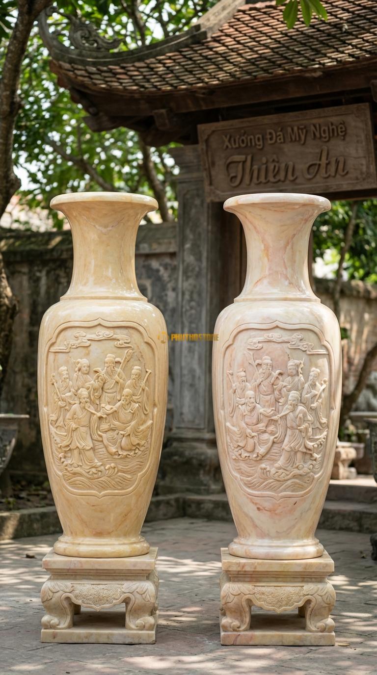 Lục Bình Bát Tiên Đá Vàng Nghệ An Chạm hình ảnh 8 vị tiên (Bát tiên quá hải), Kích thước Cao 1m7 x đường kính 45cm