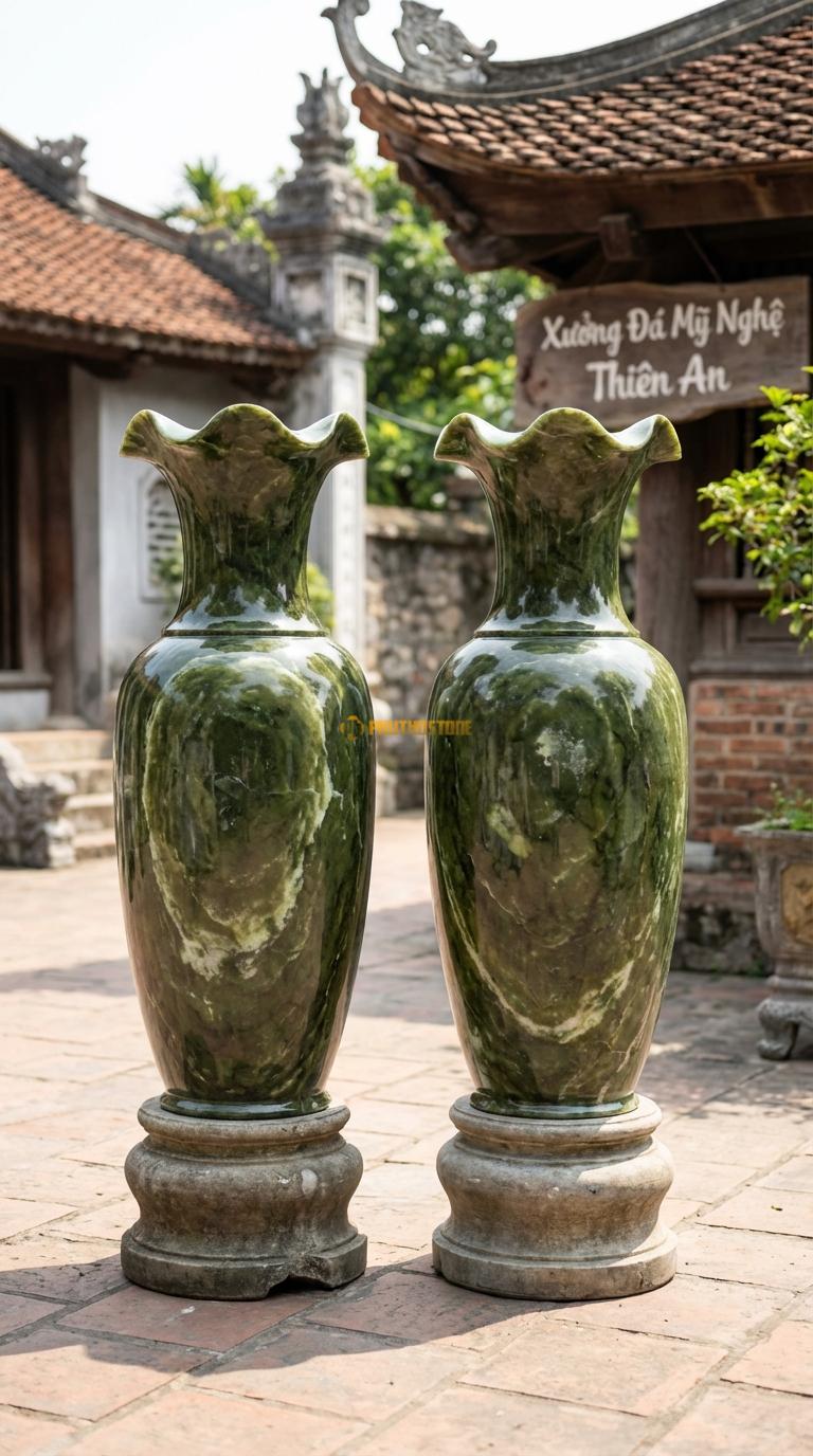 Lục Bình Bèo Miệng Đá Serpentine Miệng bình uốn lượn hình lá bèo, thân trơn, Kích thước Cao 1m6 x đường kính 42cm