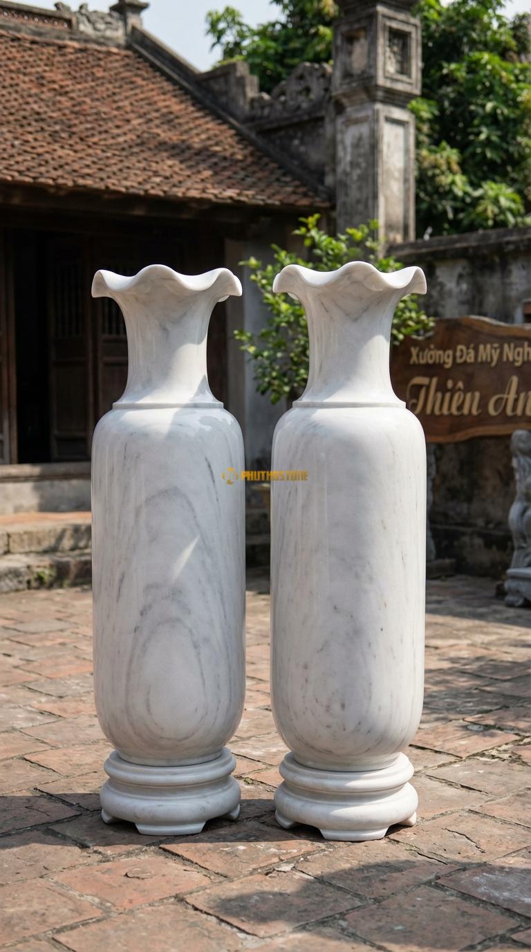 Lục Bình Bèo Miệng Đá Trắng Yên Bái Miệng bình uốn lượn hình lá bèo, thân trơn, Kích thước Cao 1m6 x đường kính 42cm