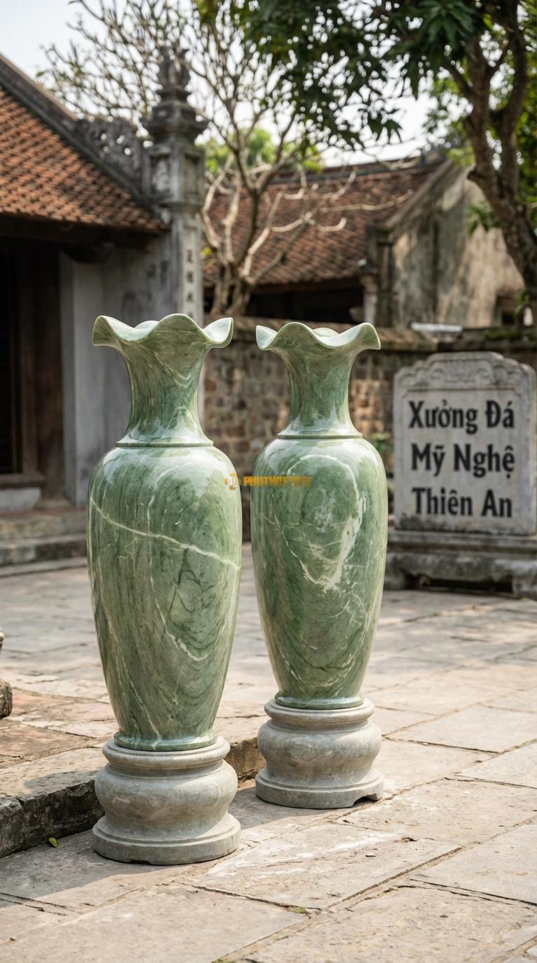Lục Bình Bèo Miệng Đá Xanh Ấn Miệng bình uốn lượn hình lá bèo, thân trơn, Kích thước Cao 1m6 x đường kính 42cm