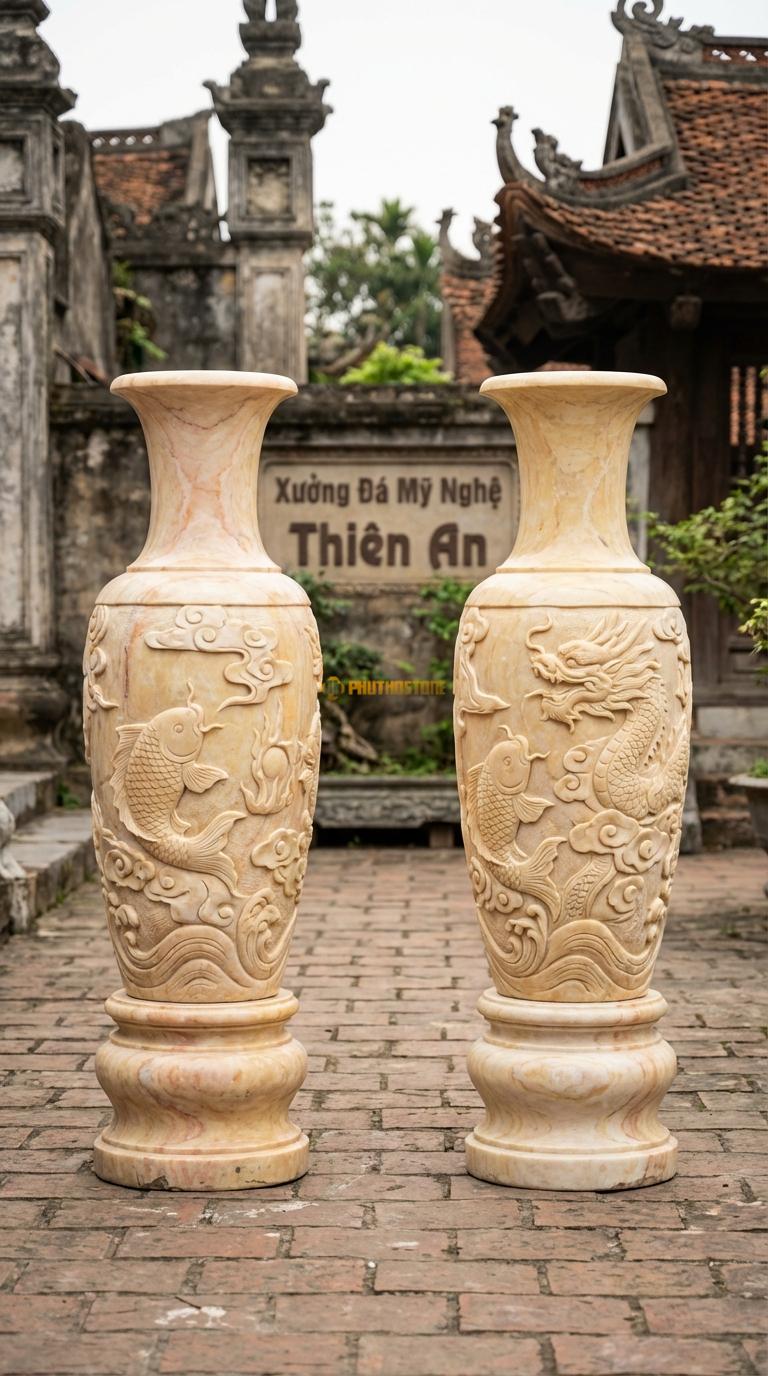 Lục Bình Cá Chép Hóa Rồng Đá Vàng Nghệ An Chạm tích cá chép vượt vũ môn hóa rồng, Kích thước Cao 1m6 x đường kính 42cm