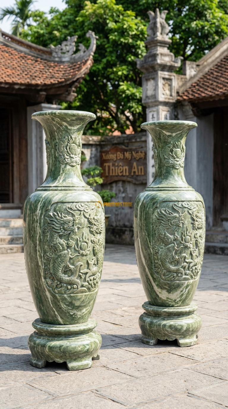 Lục Bình Cá Chép Hóa Rồng Đá Xanh Ấn Chạm tích cá chép vượt vũ môn hóa rồng, Kích thước Cao 1m6 x đường kính 42cm