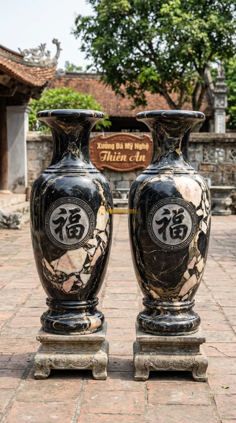 Lục Bình Chạm Chữ Phúc Đá Da Báo Khắc chữ Phúc (Hán hoặc Việt) trong khung tròn giữa bụng, Kích thước Cao 1m4 x đường kính 38cm