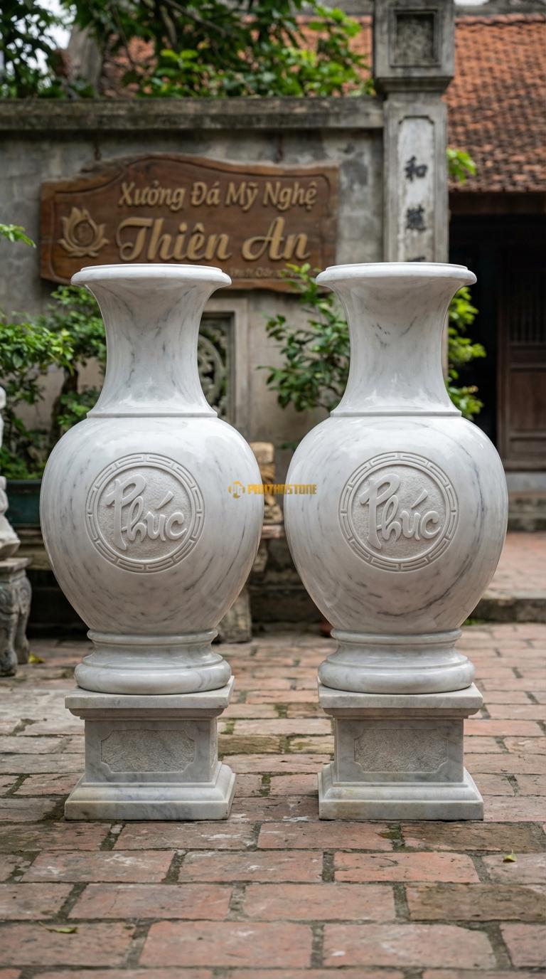 Lục Bình Chạm Chữ Phúc Đá Trắng Yên Bái Khắc chữ Phúc (Hán hoặc Việt) trong khung tròn giữa bụng, Kích thước Cao 1m4 x đường kính 38cm