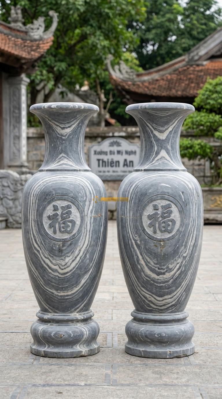 Lục Bình Chạm Chữ Phúc Đá Vân Mây Khắc chữ Phúc (Hán hoặc Việt) trong khung tròn giữa bụng, Kích thước Cao 1m4 x đường kính 38cm