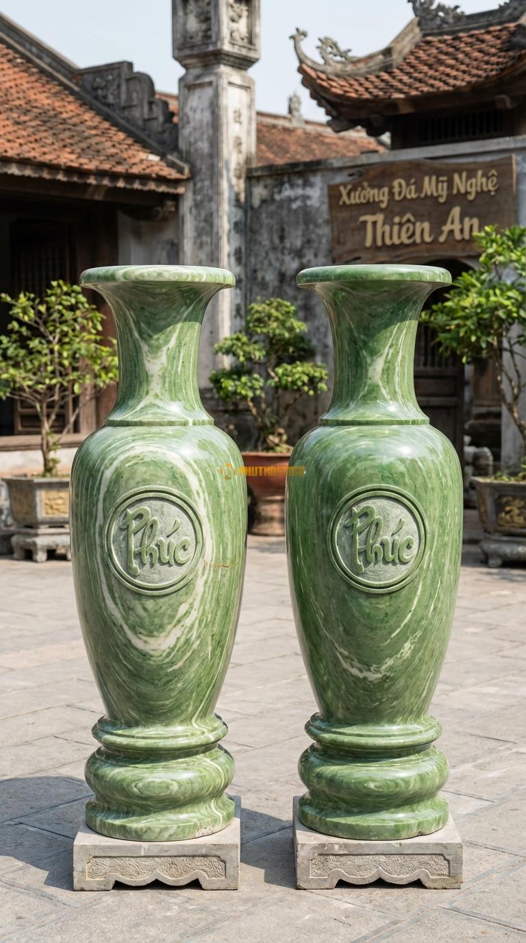 Lục Bình Chạm Chữ Phúc Đá Xanh Ấn Khắc chữ Phúc (Hán hoặc Việt) trong khung tròn giữa bụng, Kích thước Cao 1m4 x đường kính 38cm