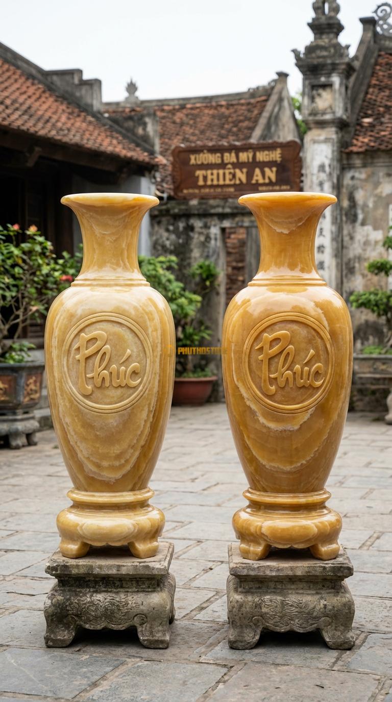 Lục Bình Chạm Chữ Phúc Ngọc hoàng long Khắc chữ Phúc (Hán hoặc Việt) trong khung tròn giữa bụng, Kích thước Cao 1m4 x đường kính 38cm