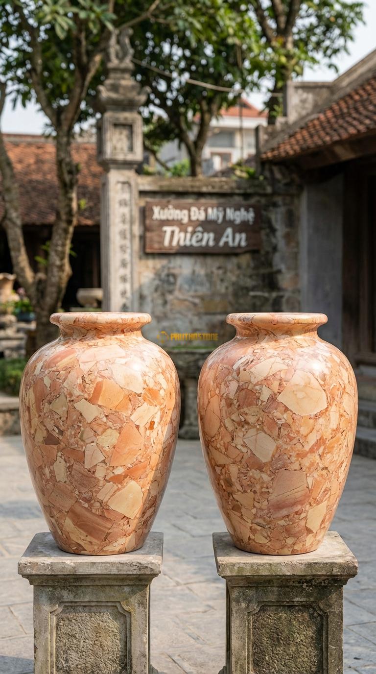 Lục Bình Chum Rượu Đá Hồng Dáng mập, thấp, cổ ngắn (giống chum tiền), Kích thước Cao 60cm x đường kính 40cm