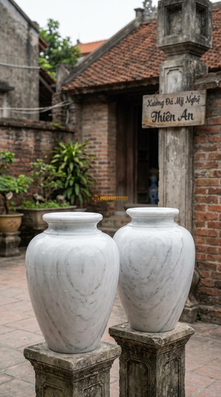 Lục Bình Chum Rượu Đá Trắng Yên Bái Dáng mập, thấp, cổ ngắn (giống chum tiền), Kích thước Cao 60cm x đường kính 40cm