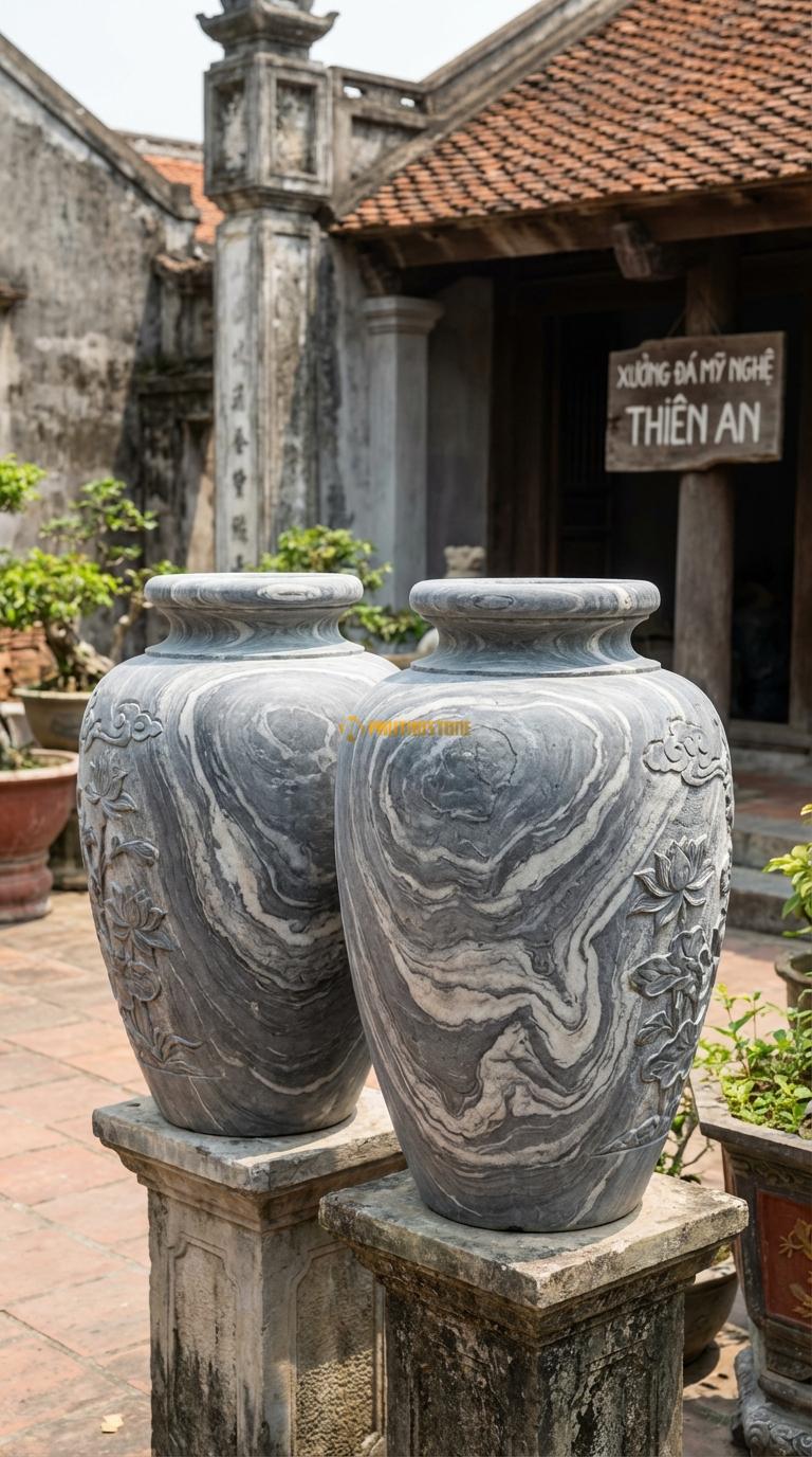 Lục Bình Chum Rượu Đá Vân Mây Dáng mập, thấp, cổ ngắn (giống chum tiền), Kích thước Cao 60cm x đường kính 40cm