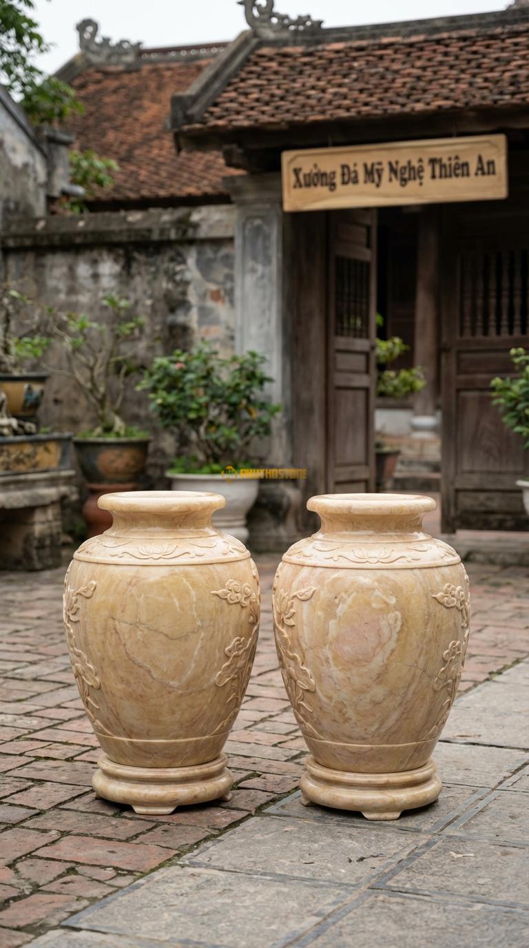 Lục Bình Chum Rượu Đá Vàng Nghệ An Dáng mập, thấp, cổ ngắn (giống chum tiền), Kích thước Cao 60cm x đường kính 40cm