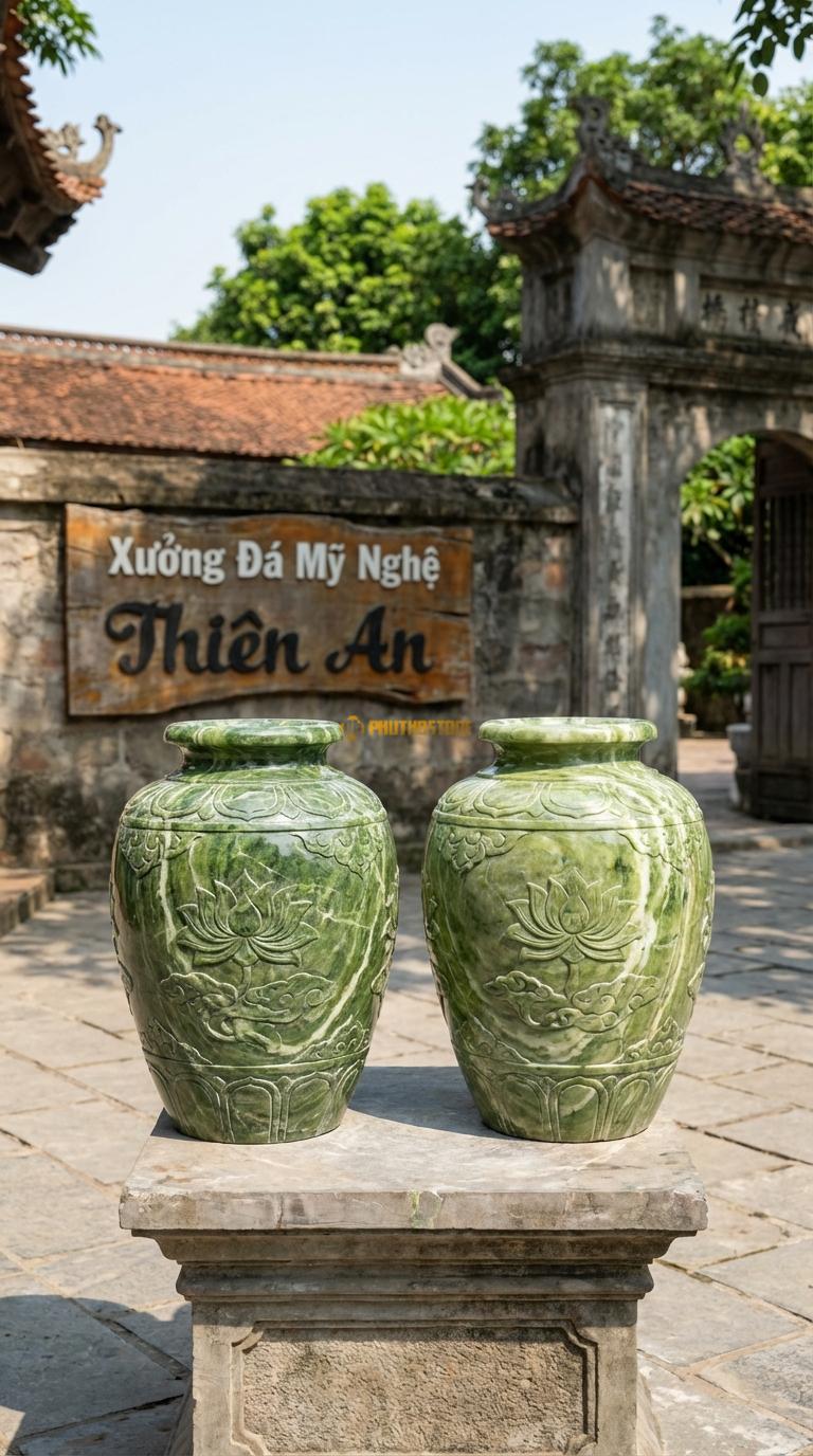 Lục Bình Chum Rượu Đá Xanh Ấn Dáng mập, thấp, cổ ngắn (giống chum tiền), Kích thước Cao 60cm x đường kính 40cm