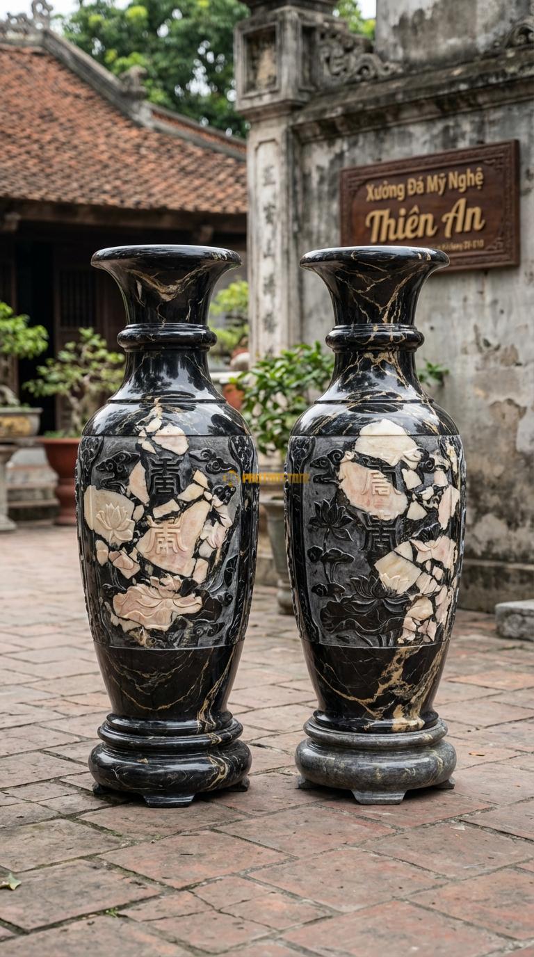 Lục Bình Cổ Bồng Đá Da Báo Cổ bình có một vòng gờ nổi (cổ bồng) trang trí, Kích thước Cao 1m7 x đường kính 45cm