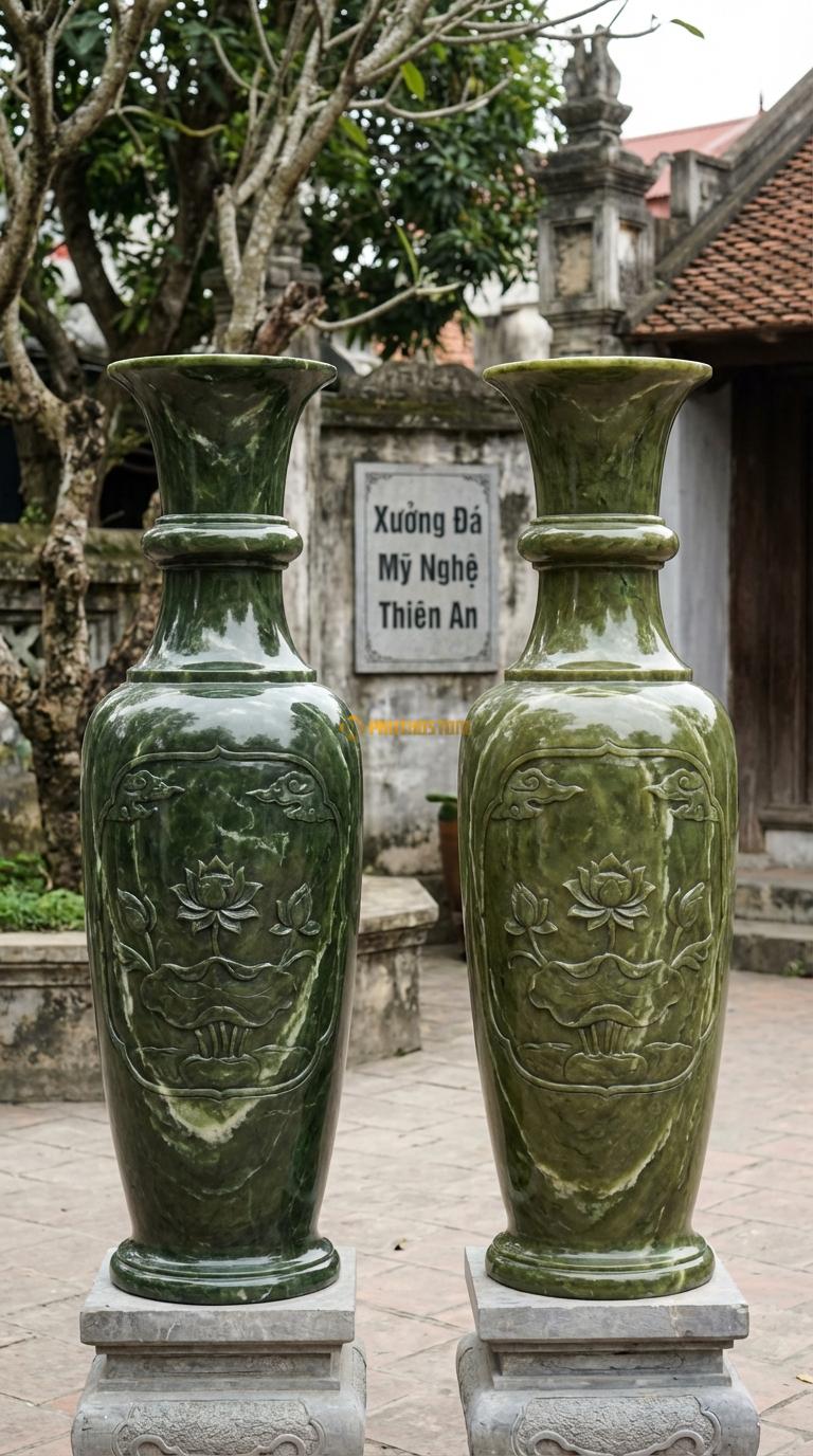 Lục Bình Cổ Bồng Đá Serpentine Cổ bình có một vòng gờ nổi (cổ bồng) trang trí, Kích thước Cao 1m7 x đường kính 45cm