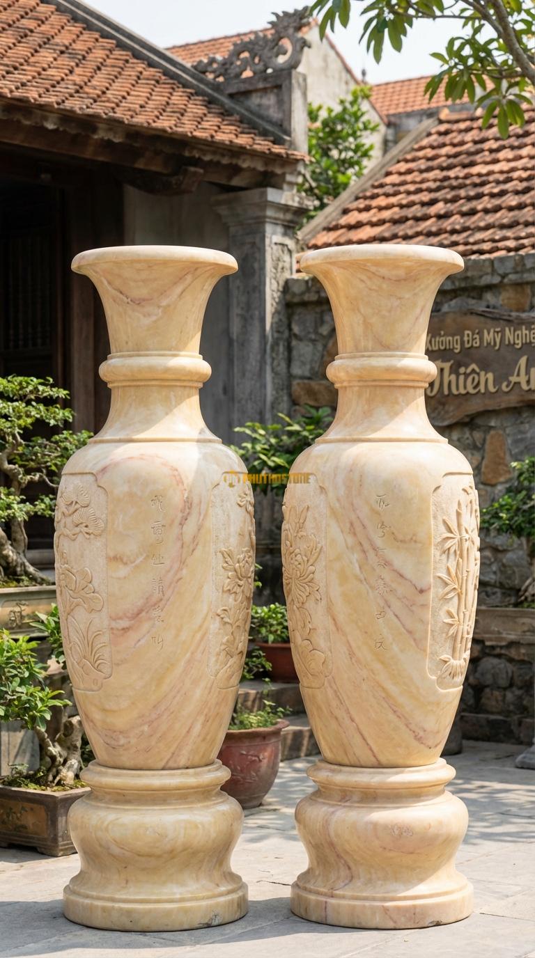 Lục Bình Cổ Bồng Đá Vàng Nghệ An Cổ bình có một vòng gờ nổi (cổ bồng) trang trí, Kích thước Cao 1m7 x đường kính 45cm