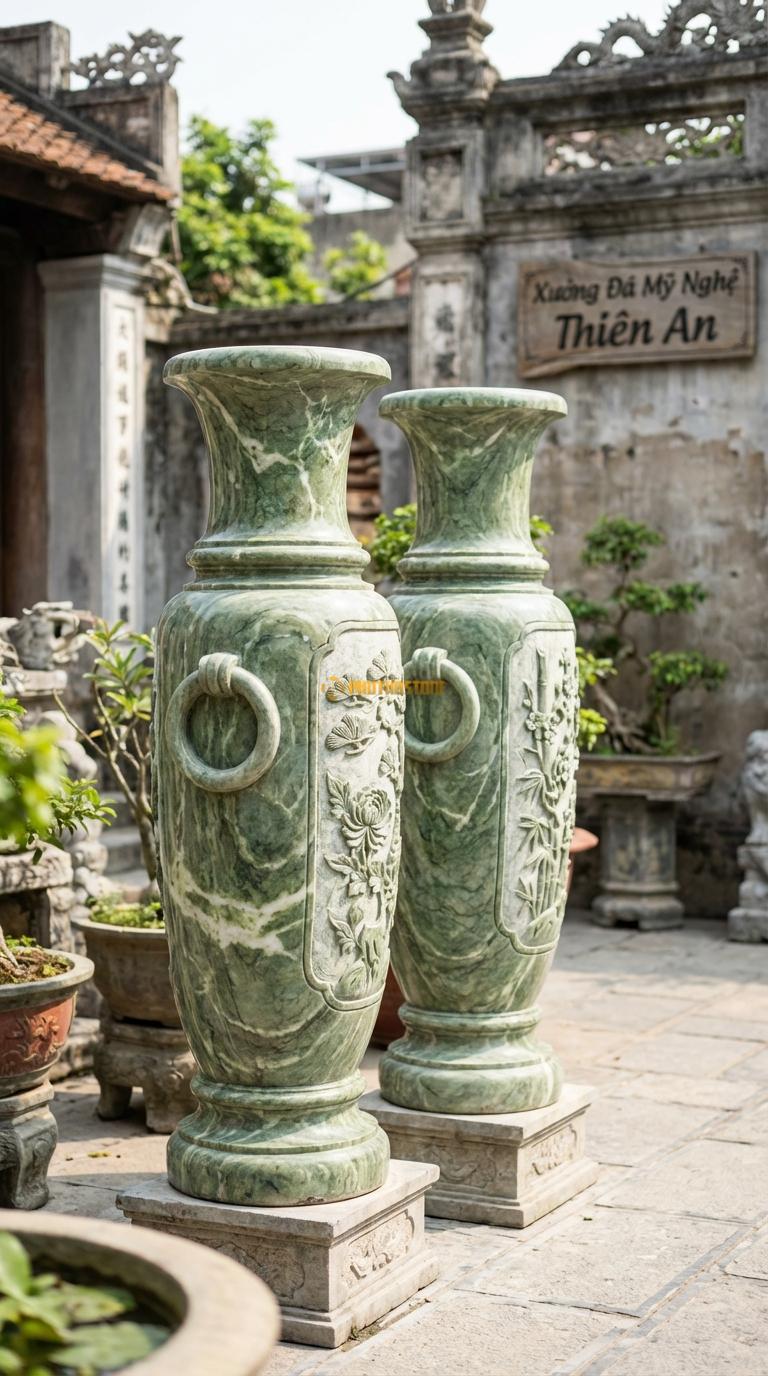 Lục Bình Cổ Bồng Đá Xanh Ấn Cổ bình có một vòng gờ nổi (cổ bồng) trang trí, Kích thước Cao 1m7 x đường kính 45cm