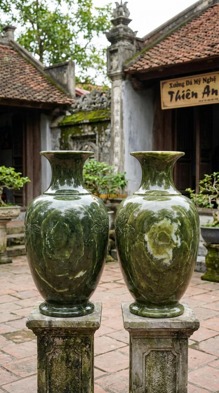 Lục Bình Củ Tỏi (Tiểu Lục Bình) Đá Serpentine Dáng thấp, bụng bè to như củ tỏi (để bàn thờ), Kích thước Cao 50cm x đường kính 30cm