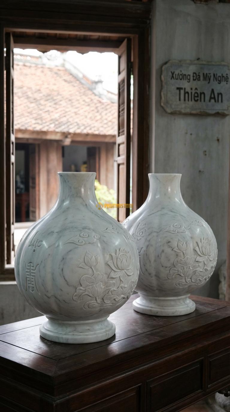 Lục Bình Củ Tỏi (Tiểu Lục Bình) Đá Trắng Yên Bái Dáng thấp, bụng bè to như củ tỏi (để bàn thờ), Kích thước Cao 50cm x đường kính 30cm