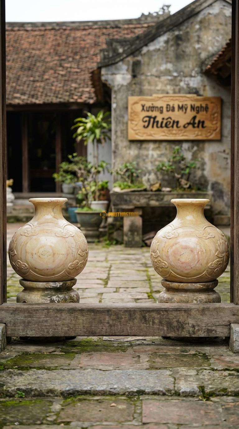 Lục Bình Củ Tỏi (Tiểu Lục Bình) Đá Vàng Nghệ An Dáng thấp, bụng bè to như củ tỏi (để bàn thờ), Kích thước Cao 50cm x đường kính 30cm