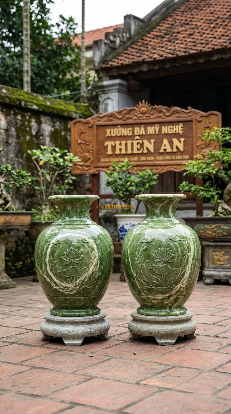 Lục Bình Củ Tỏi (Tiểu Lục Bình) Đá Xanh Ấn Dáng thấp, bụng bè to như củ tỏi (để bàn thờ), Kích thước Cao 50cm x đường kính 30cm