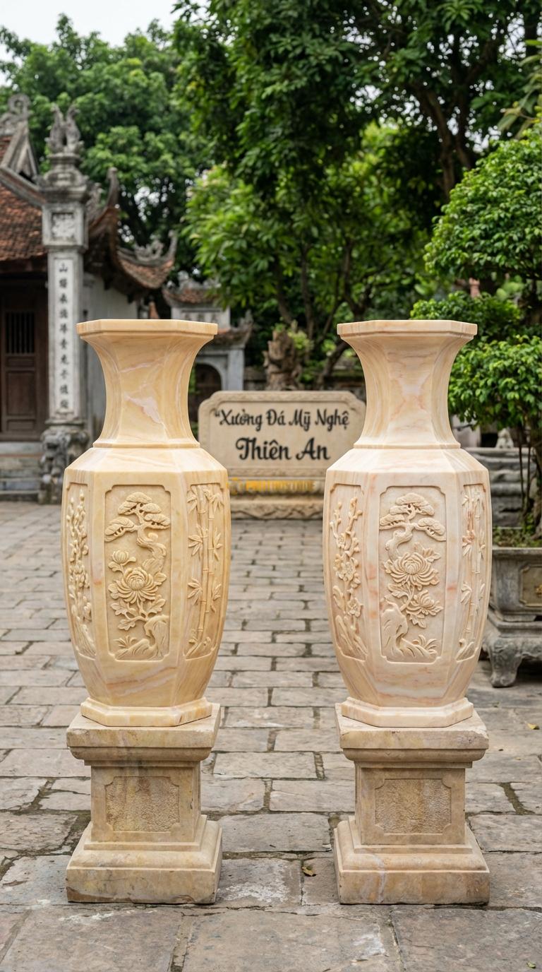 Lục Bình Đa Giác Đá Vàng Nghệ An Thân bình không tròn mà vát cạnh (lục lăng/bát giác), Kích thước Cao 1m4 x đường kính 36cm