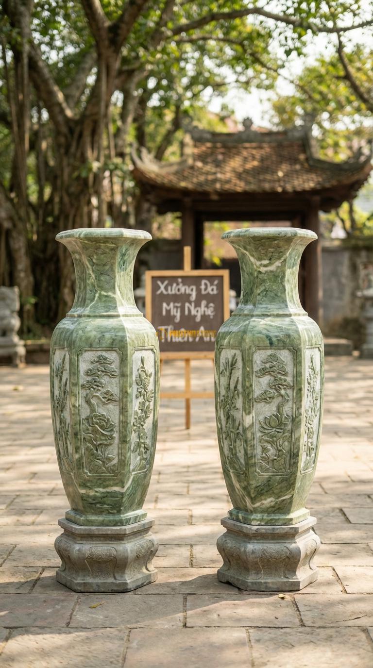 Lục Bình Đa Giác Đá Xanh Ấn Thân bình không tròn mà vát cạnh (lục lăng/bát giác), Kích thước Cao 1m4 x đường kính 36cm