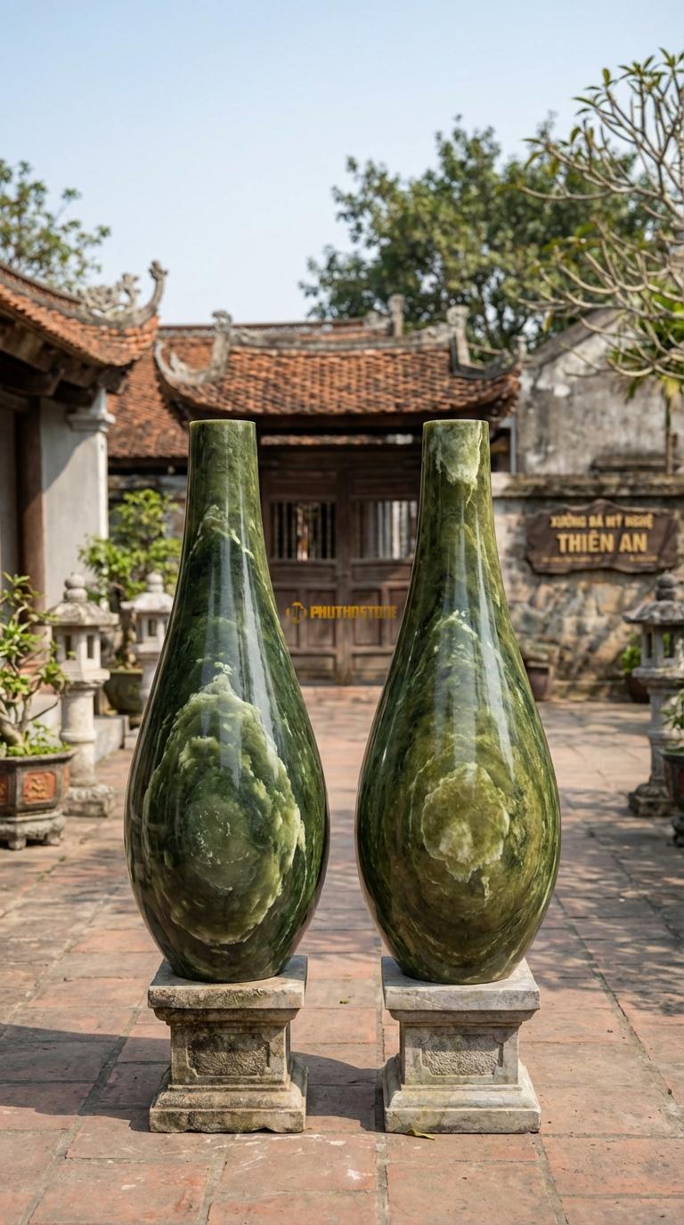 Lục Bình Dáng Giọt Nước Đá Serpentine Thân dưới bầu tròn, thuôn dần lên trên rất mềm mại, Kích thước Cao 1m2 x đường kính 35cm