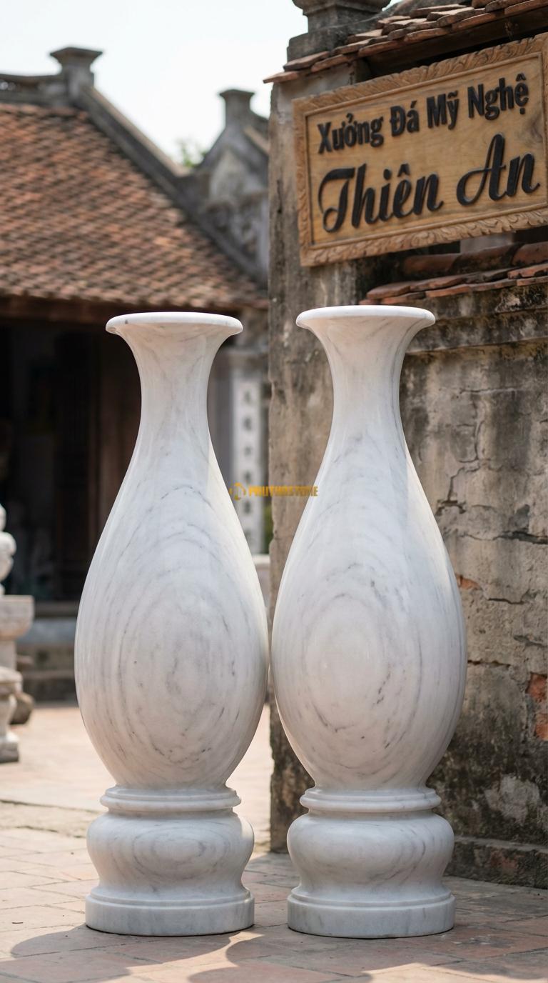 Lục Bình Dáng Giọt Nước Đá Trắng Yên Bái Thân dưới bầu tròn, thuôn dần lên trên rất mềm mại, Kích thước Cao 1m2 x đường kính 35cm