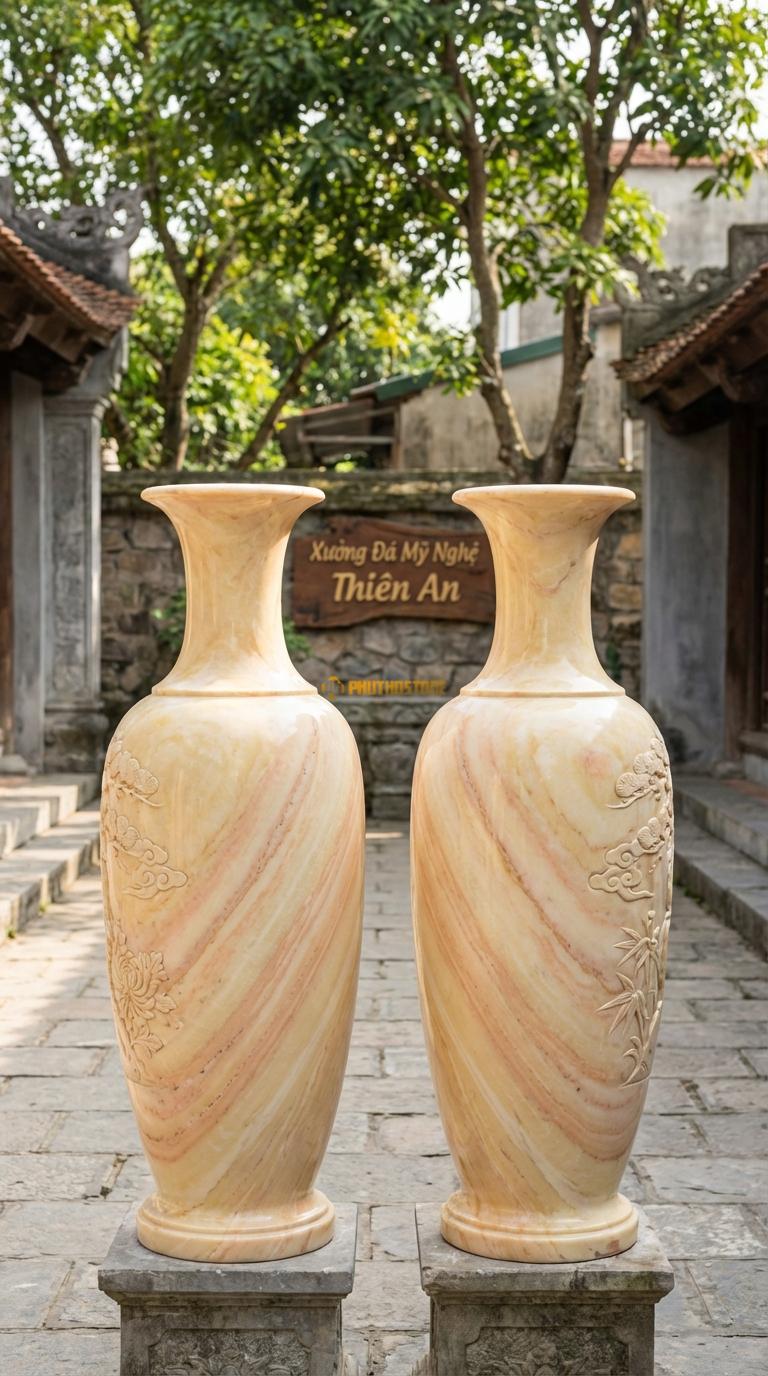 Lục Bình Dáng Giọt Nước Đá Vàng Nghệ An Thân dưới bầu tròn, thuôn dần lên trên rất mềm mại, Kích thước Cao 1m2 x đường kính 35cm