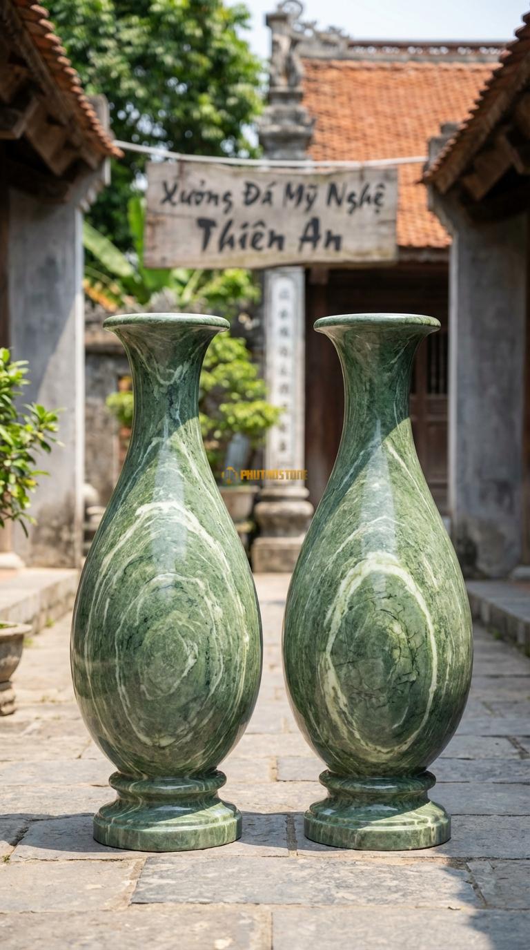 Lục Bình Dáng Giọt Nước Đá Xanh Ấn Thân dưới bầu tròn, thuôn dần lên trên rất mềm mại, Kích thước Cao 1m2 x đường kính 35cm