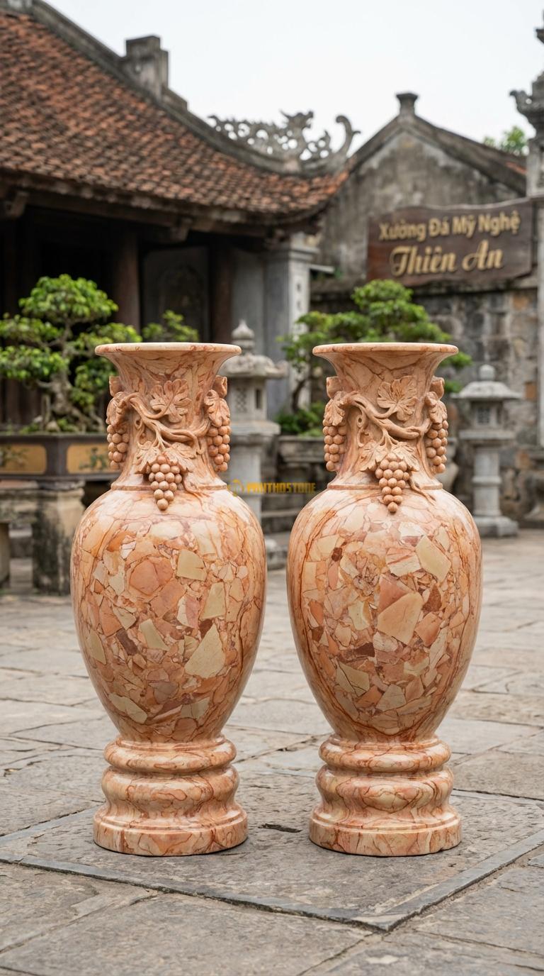 Lục Bình Dây Nho Đá Hồng Chạm dây nho và chùm nho quấn quanh cổ và vai bình, Kích thước Cao 1m2 x đường kính 32cm