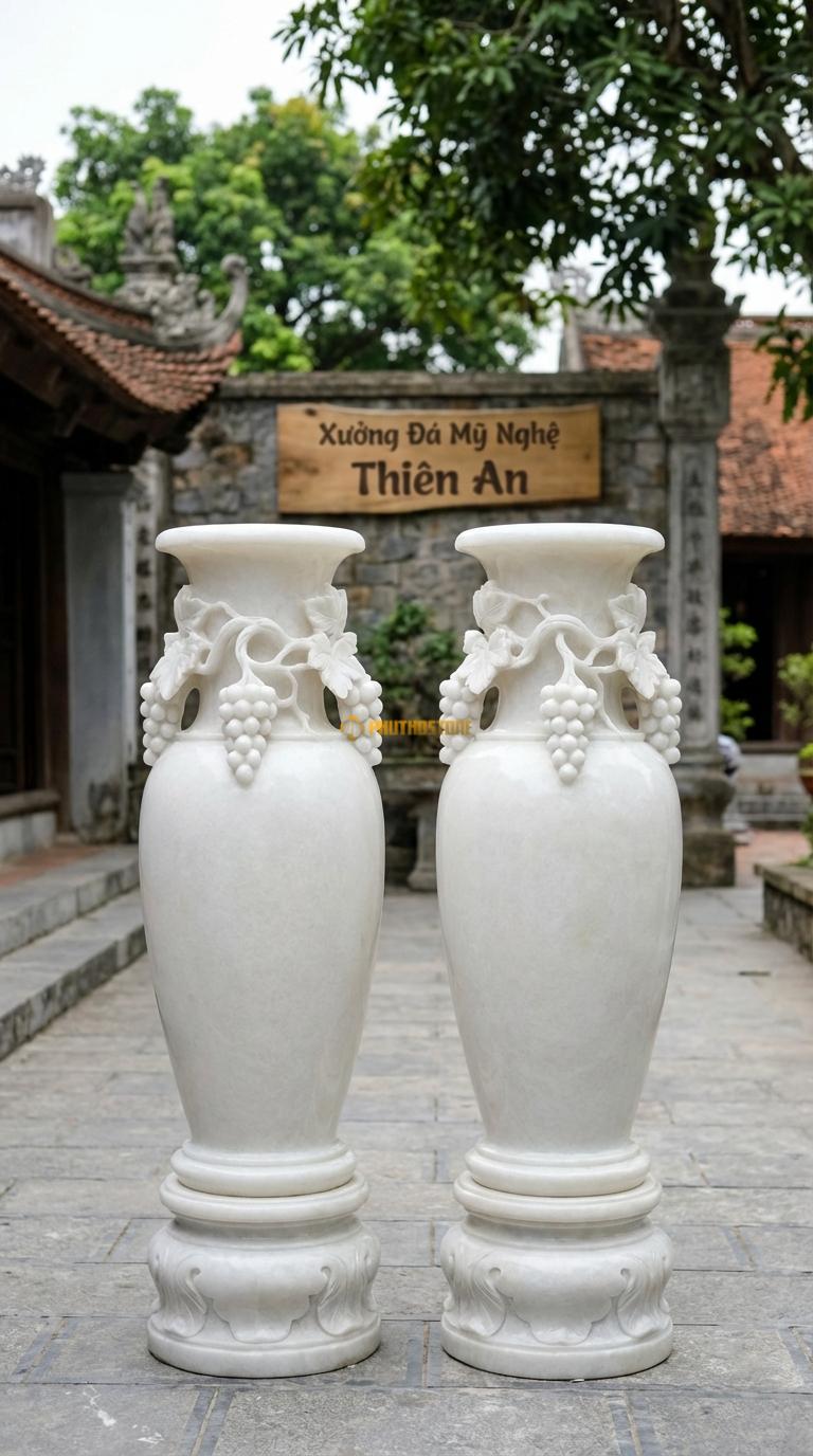 Lục Bình Dây Nho Đá Trắng Muối Chạm dây nho và chùm nho quấn quanh cổ và vai bình, Kích thước Cao 1m2 x đường kính 32cm