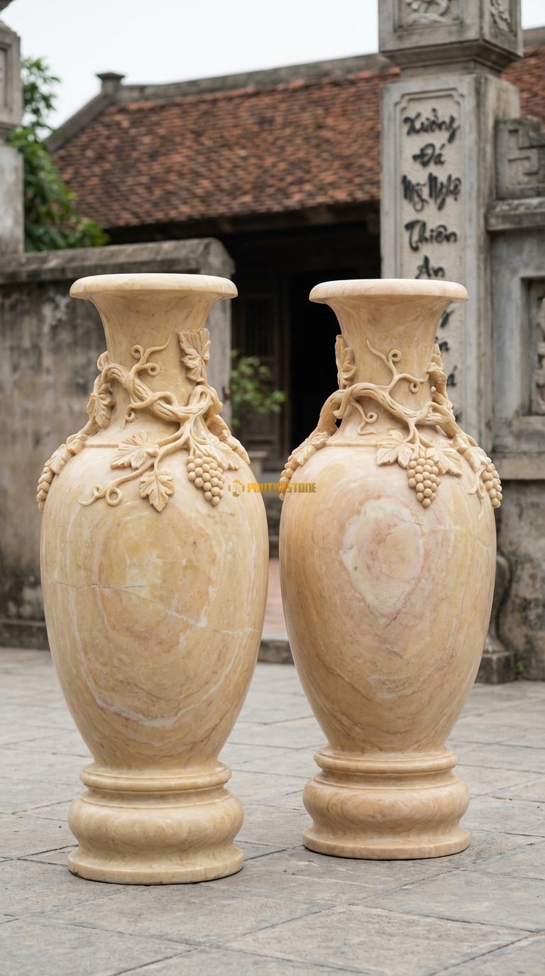 Lục Bình Dây Nho Đá Vàng Nghệ An Chạm dây nho và chùm nho quấn quanh cổ và vai bình, Kích thước Cao 1m2 x đường kính 32cm