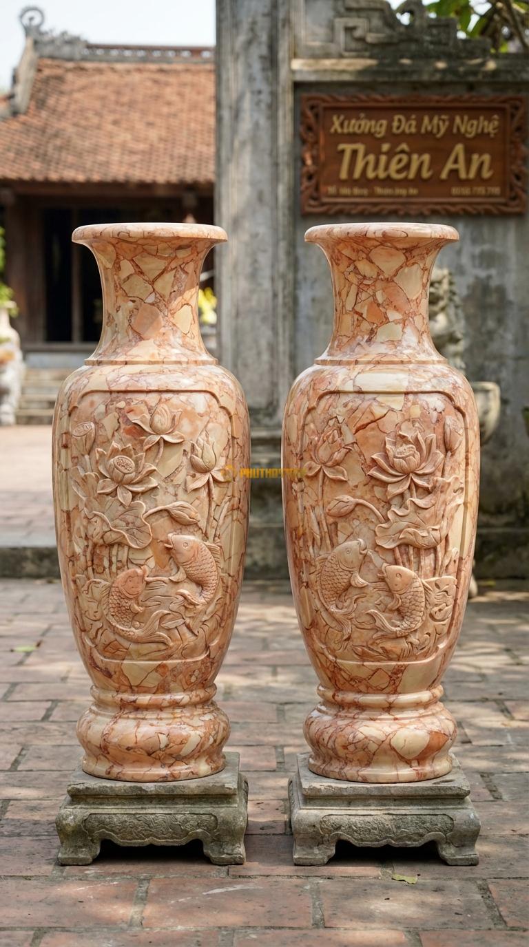 Lục Bình Hoa Sen Đá Hồng Chạm đầm sen, cá chép, hoa sen nở rộ, Kích thước Cao 1m2 x đường kính 35cm