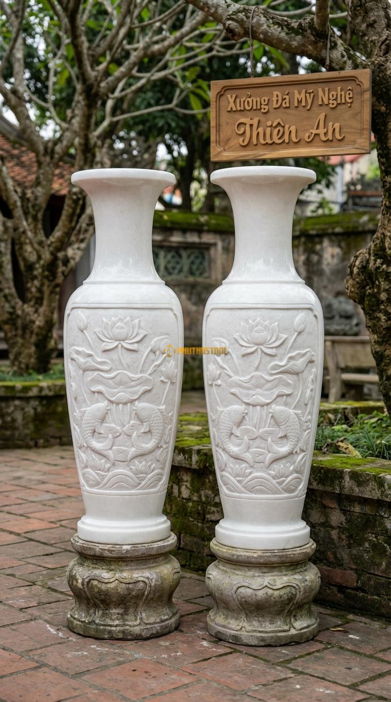Lục Bình Hoa Sen Đá Trắng Muối Chạm đầm sen, cá chép, hoa sen nở rộ, Kích thước Cao 1m2 x đường kính 35cm