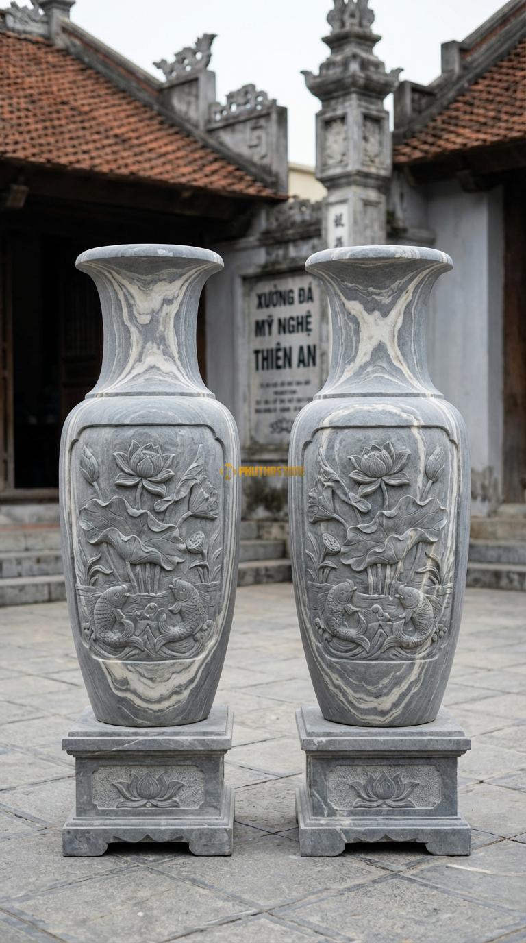 Lục Bình Hoa Sen Đá Vân Mây Chạm đầm sen, cá chép, hoa sen nở rộ, Kích thước Cao 1m2 x đường kính 35cm