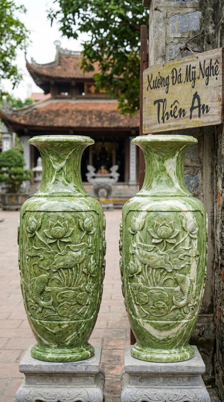 Lục Bình Hoa Sen Đá Xanh Ấn Chạm đầm sen, cá chép, hoa sen nở rộ, Kích thước Cao 1m2 x đường kính 35cm