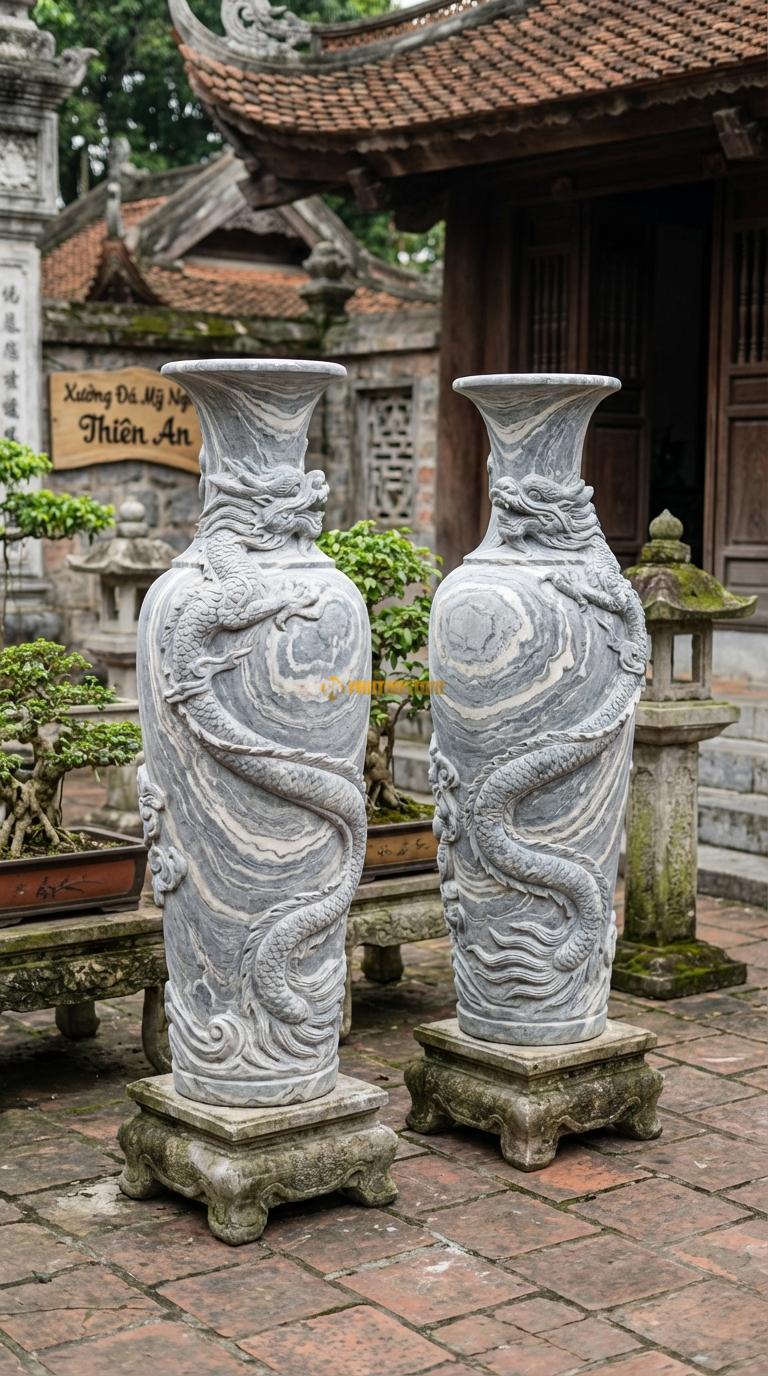 Lục Bình Rồng Cuộn (Long Cuốn Thủy) Đá Vân Mây Một con rồng lớn cuộn tròn từ chân lên cổ bình, Kích thước Cao 1m8 x đường kính 48cm