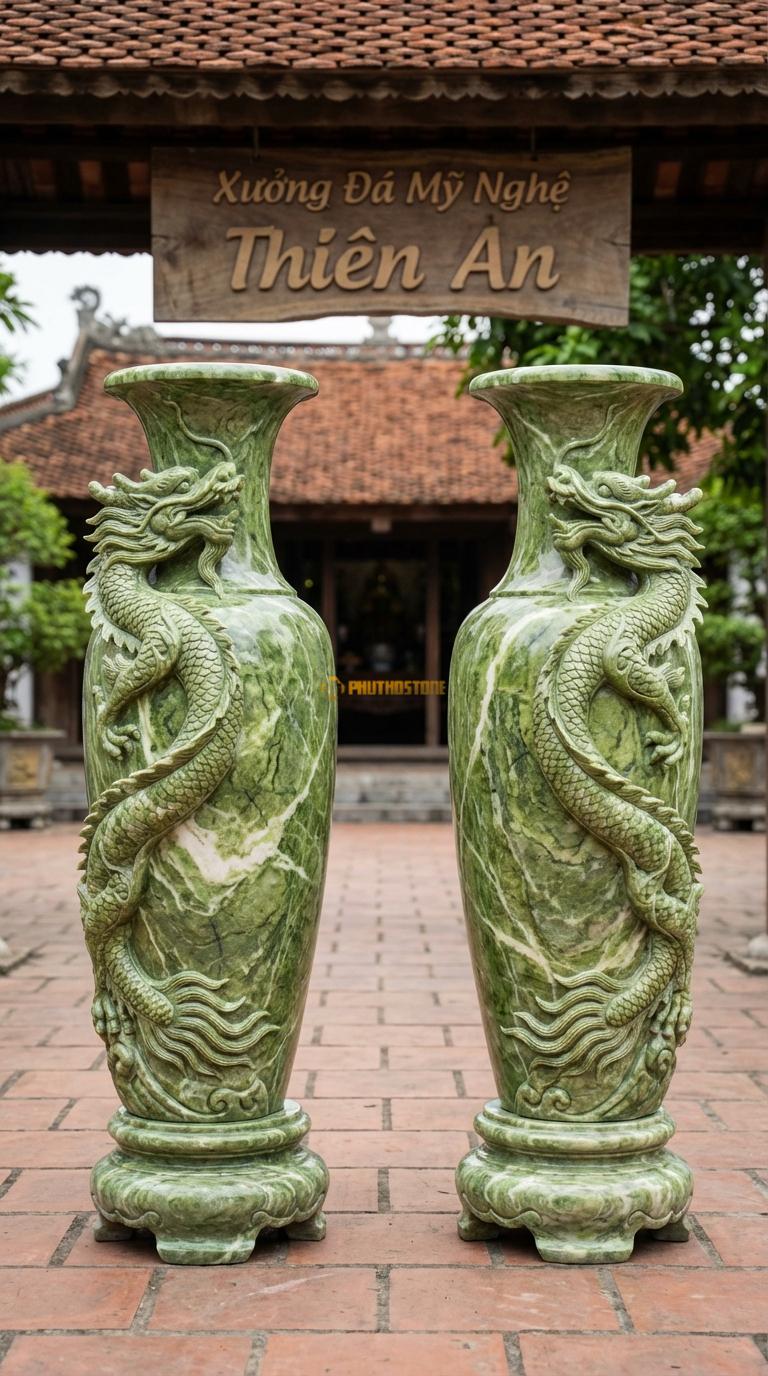 Lục Bình Rồng Cuộn (Long Cuốn Thủy) Đá Xanh Ấn Một con rồng lớn cuộn tròn từ chân lên cổ bình, Kích thước Cao 1m8 x đường kính 48cm