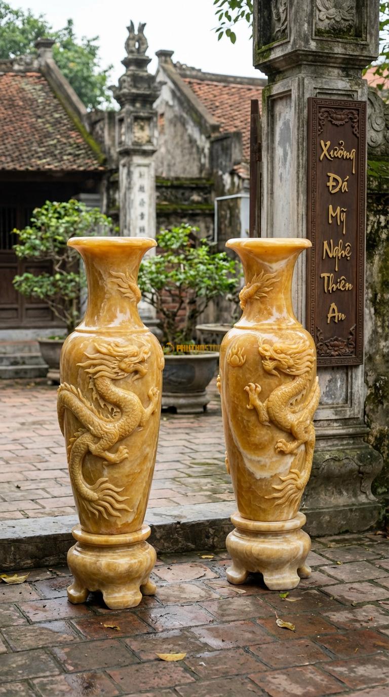 Lục Bình Rồng Cuộn (Long Cuốn Thủy) Ngọc hoàng long Một con rồng lớn cuộn tròn từ chân lên cổ bình, Kích thước Cao 1m8 x đường kính 48cm